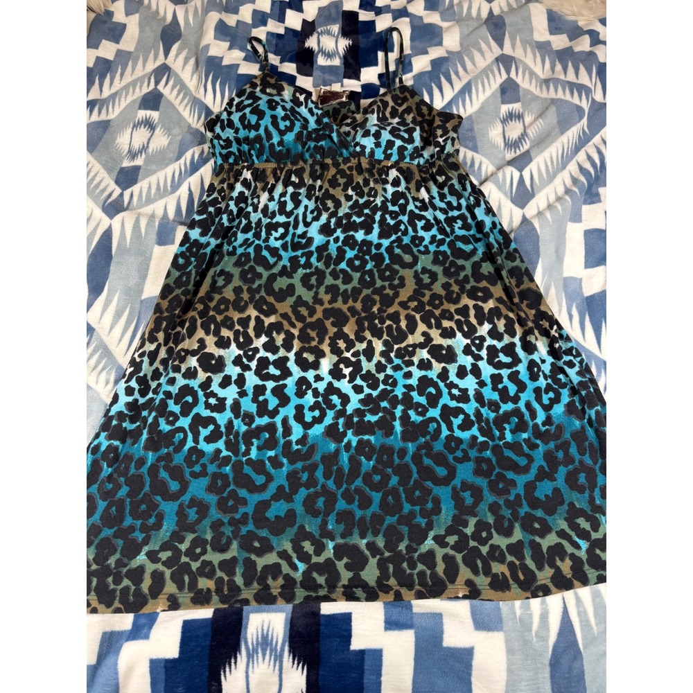 Pink Rose Womens Teal Leopard‎ Print Empire Waist Babydoll Dress Large 6748